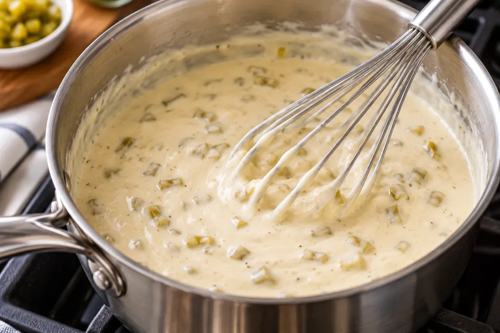 Pouring creamy white sauce over chicken enchiladas