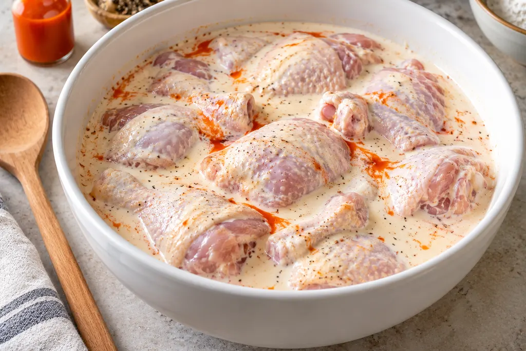 Professional close-up kitchen photograph of a cook's hands dredging a buttermilk-marinated raw chicken drumstick in a bowl of seasoned flour and cornstarch, thick uneven flour coating clinging to the chicken, lightly flour-dusted fingertips, other coated chicken pieces resting on a wire rack in the background, realistic raw chicken preparation, natural daylight, sharp focus on breading texture, no text, no watermark.
