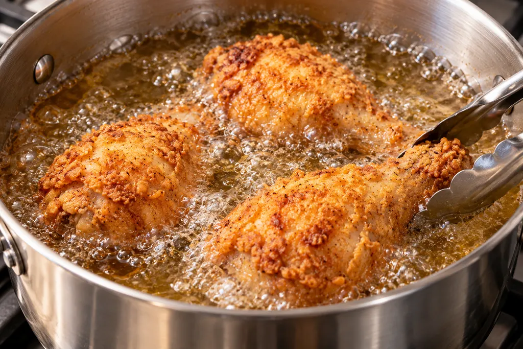 Chicken frying in hot oil until golden brown