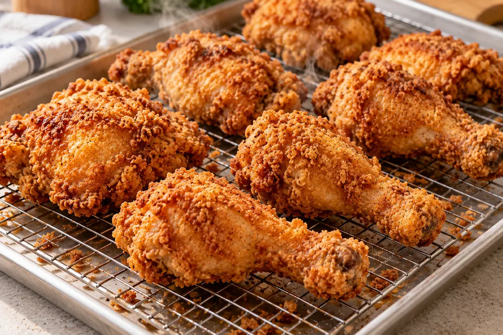 Golden fried chicken draining on a wire rack