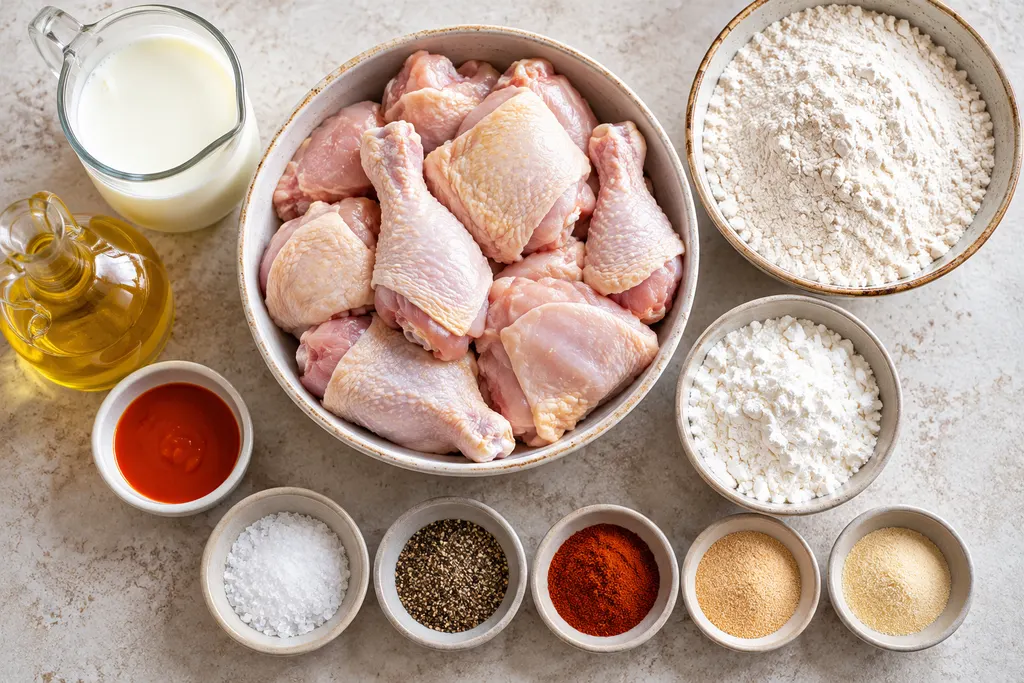 Ingredients for making crispy fried chicken at home