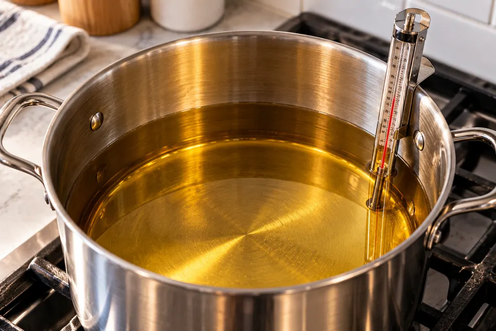 Checking frying oil temperature with a cooking thermometer
