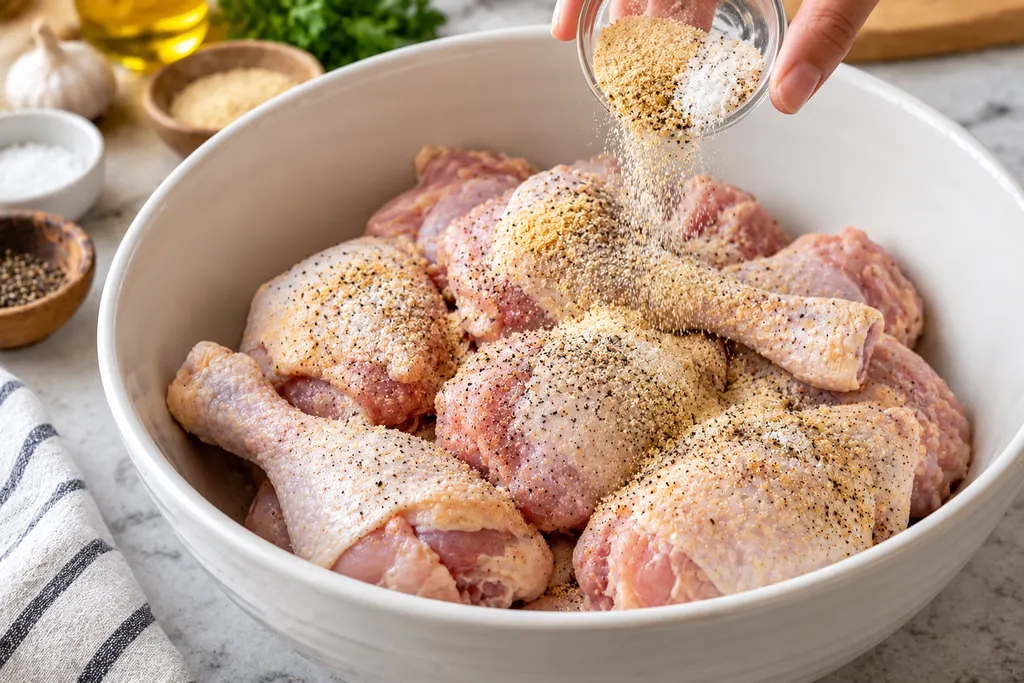 Photorealistic close-up of raw chicken pieces partially submerged in thick creamy buttermilk marinade inside a large white mixing bowl, small streaks of red hot sauce and specks of seasoning visible in the marinade, wooden spoon resting beside the bowl, natural kitchen lighting, realistic creamy texture, clean neutral countertop, professional step-by-step recipe photography, no text, no watermark.