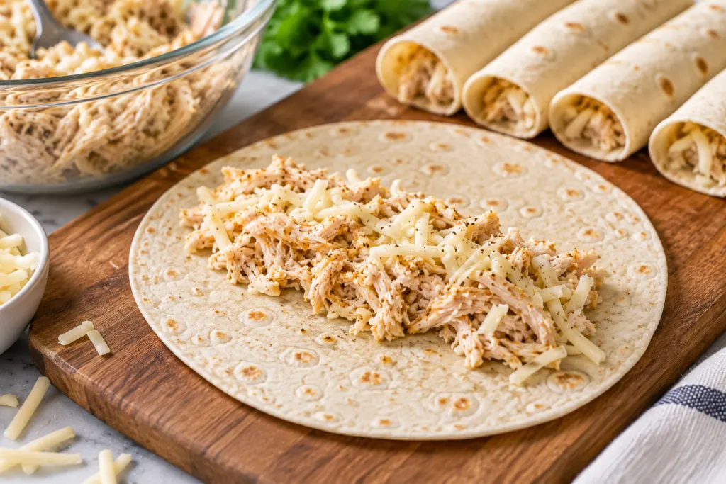 Flour tortilla filled with shredded chicken and cheese