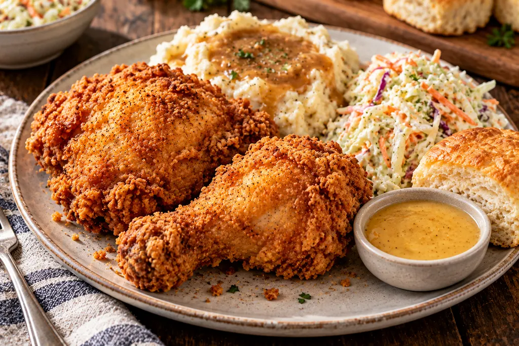 Homemade fried chicken served with mashed potatoes and coleslaw